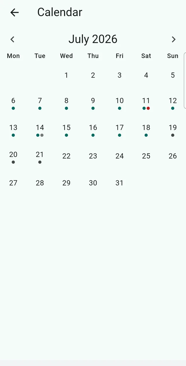The DoseBuddy calendar for July 2026, with each day marked according to whether every dose was confirmed.