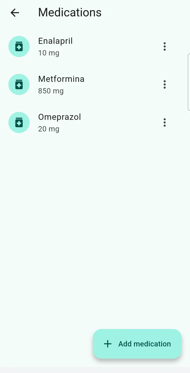The DoseBuddy medications list, showing each medicine with its dose, schedule and how many pills are left in the pack.