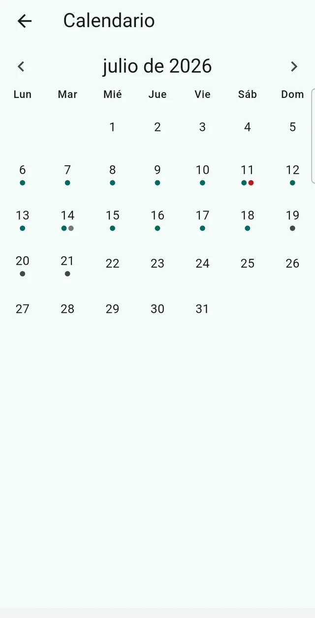 Calendario de DoseBuddy de julio de 2026, con cada día marcado según si se confirmaron todas las tomas.