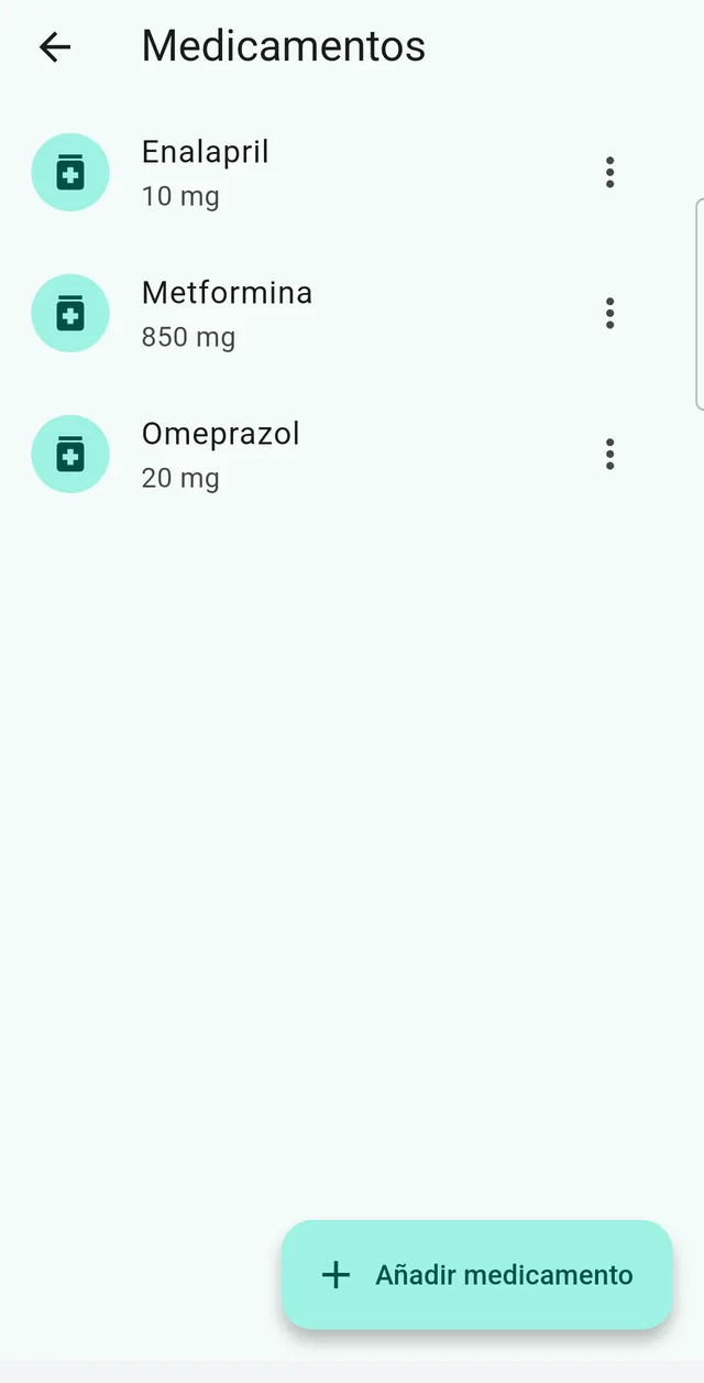 Lista de medicamentos de DoseBuddy, con la dosis, la pauta y las pastillas que quedan en el envase de cada uno.